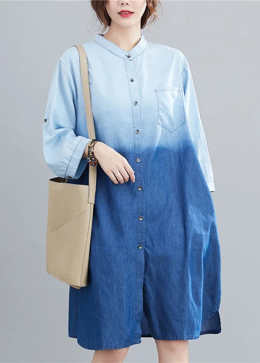 French Light Blue Stand Collar Gradient Color Denim Dress Fall Buttoned-up Denim Skirt