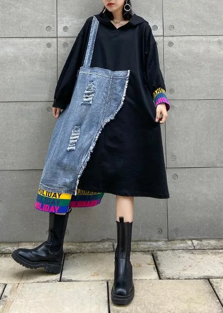 Italian black patchwork denim blue quilting clothes o neck Hole long Dress Skater Denim Skirt