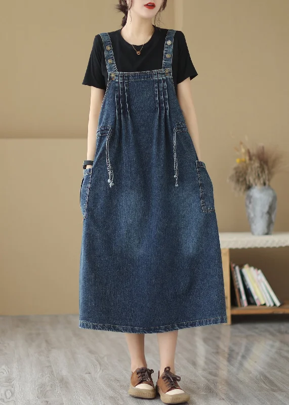 Retro Summer New Blue Pockets Drawstring Denim Strap Dresses Simple Denim Skirt