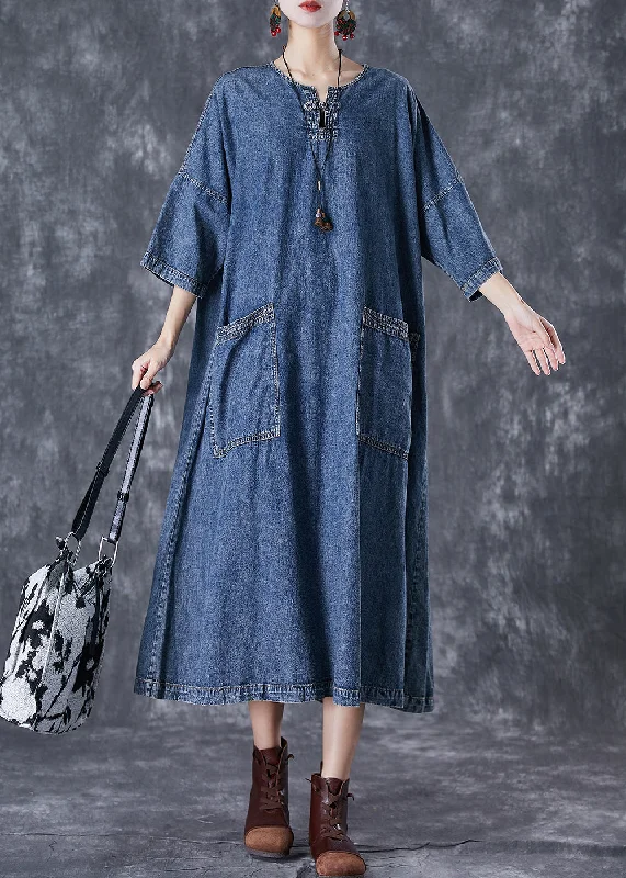 Modern Blue Oversized Pockets Chinese Button Denim Dresses Summer Button-down Denim Skirt