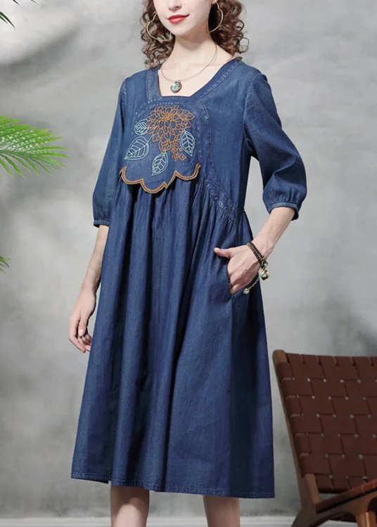 French Blue Cinched Square Collar Embroideried Cotton Denim Dresses Half Sleeve Pencil Denim Skirt