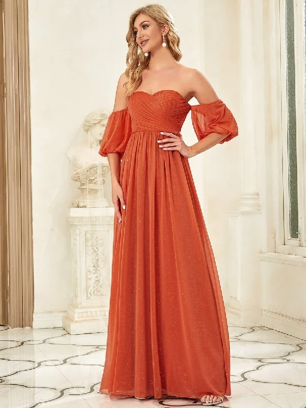 Sequin A-Line Off-Shoulder Puffed Sleeve Ruched Evening Dress Sequin Dress Glamour