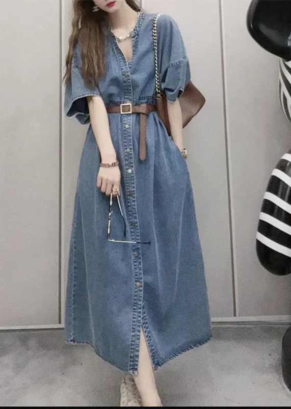 Unique Blue V Neck Patchwork Sashes Button Denim Long Dress Short Sleeve Loose Denim Skirt