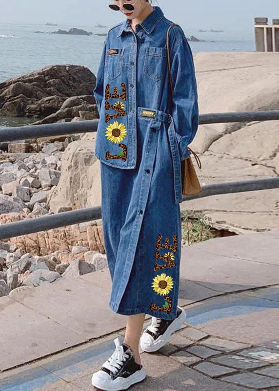 Loose Blue-love Pockets Button asymmetrical design Fall Denim Long sleeve Long Dress Skirt with Denim