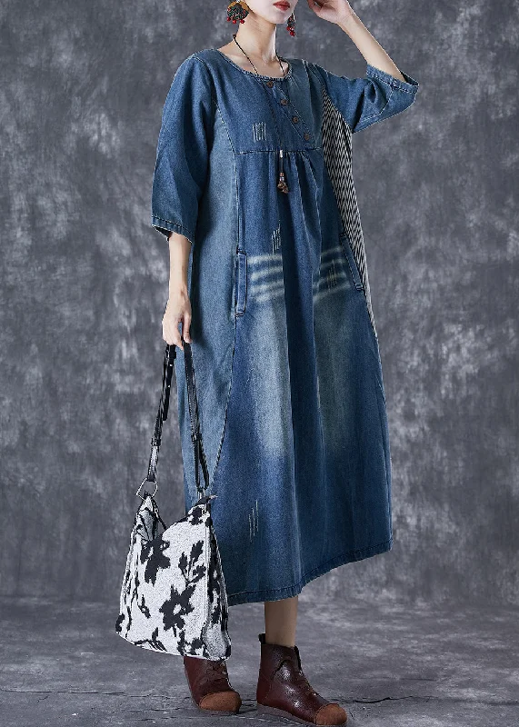 Italian Blue Oversized Patchwork Striped Denim Dresses Half Sleeve A-line Denim Skirt