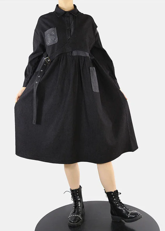 Style Black asymmetrical design Cinched Peter Pan Collar denim Dress Spring Loose Fit Denim Skirt