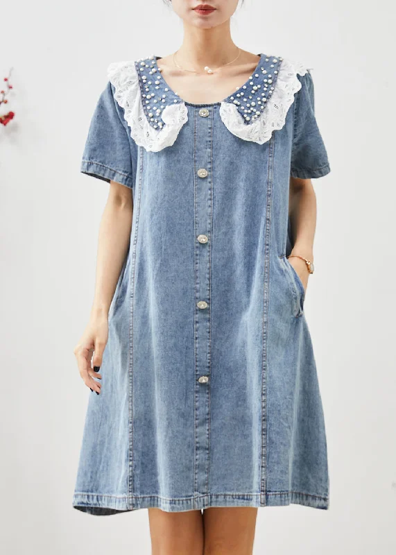 Cute Blue Peter Pan Collar Nail Bead Denim Vacation Dress Summer Denim Skirt Style