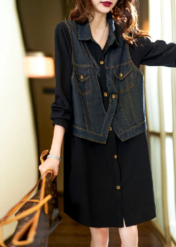 Vintage Black Square Collar Denim Patchwork Fake Two Pieces Mid Dress Long Sleeve Buttoned Denim Skirt