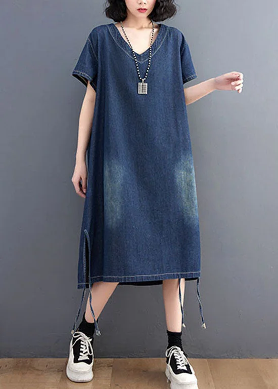 Simple Blue V Neck Patchwork Side Open Denim Dress Summer Denim Skirt Trend