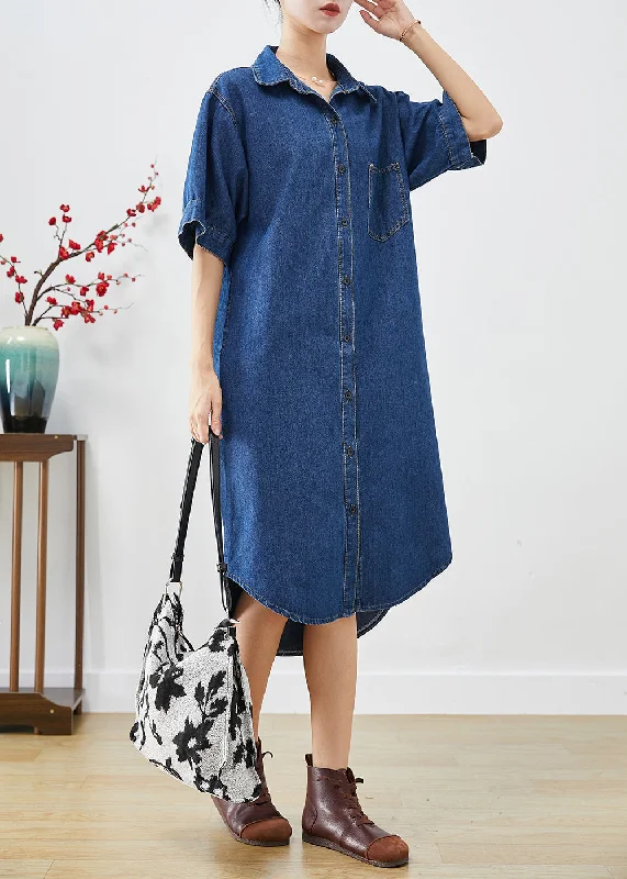 Fitted Navy Peter Pan Collar Slim Fit Denim Long Dresses Summer Elegant Denim Skirt