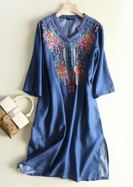 Elegant Blue Embroidered Side Open Denim Dresses Summer High-Waist Denim Skirt