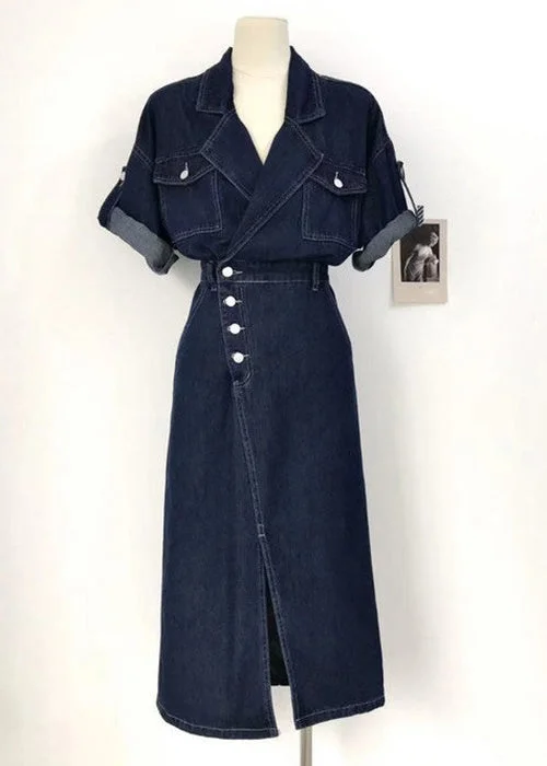 New Denim Blue Button Side Open Denim Dress Summer Pencil Denim Skirt