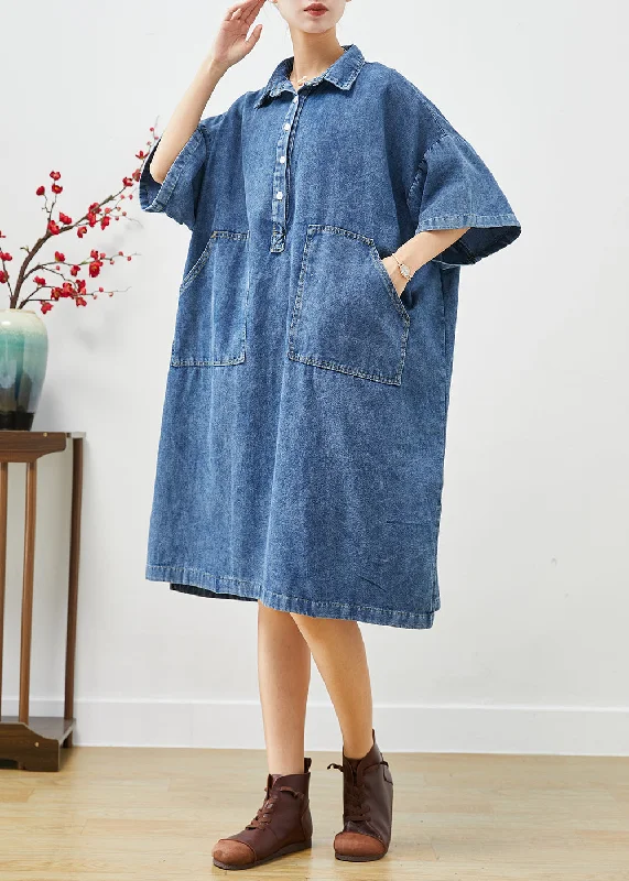 Stylish Blue Oversized Pockets Denim Holiday Dress Fall Ruffle Hem Denim