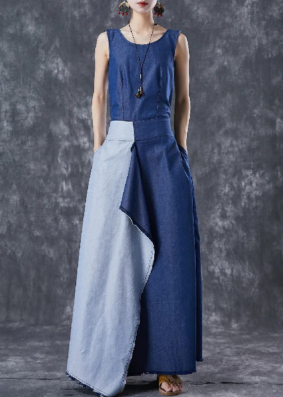 Fashion Blue Asymmetrical Patchwork Backless Denim Dress Summer Skinny Denim Skirt