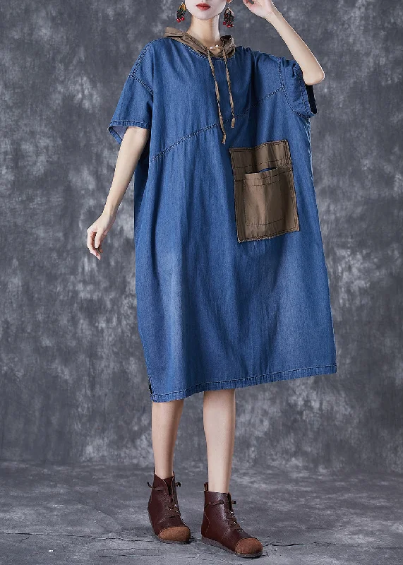 Classy Blue Oversized Patchwork Applique Denim Dress Summer High-Waisted Denim Skirt