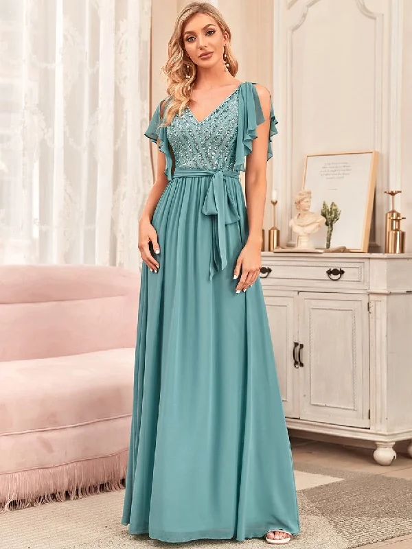 Flutter Sleeve Tie-Waist Sequin A-Line Bridesmaid Dress Sequin Dress Trendy