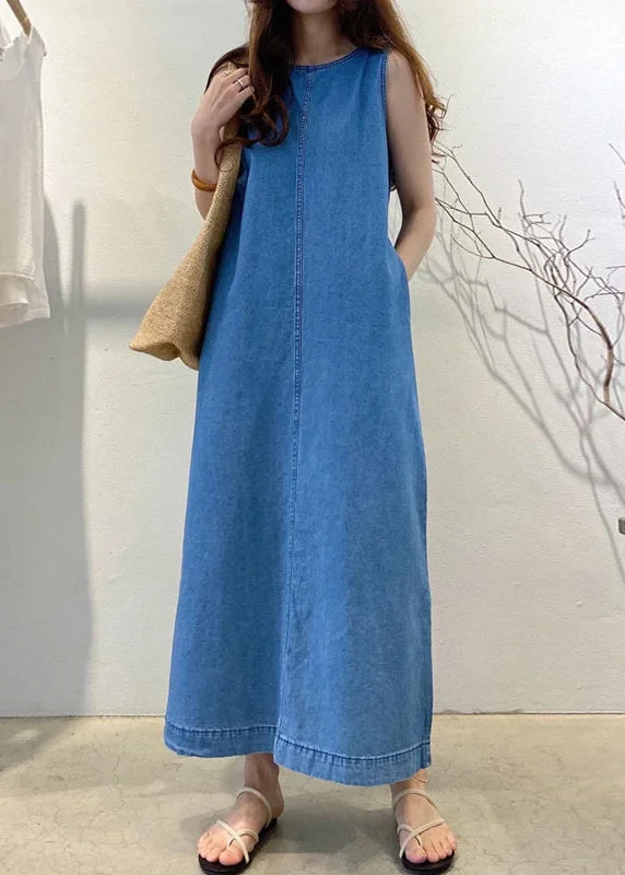 Loose Denim Blue O-Neck Patchwork Cozy Holiday Long Dress Summer Relaxed Denim Skirt