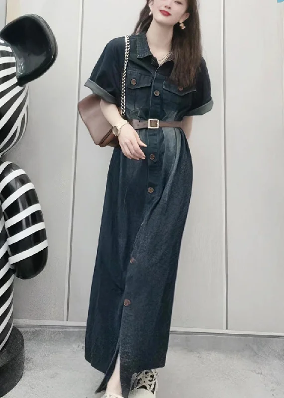 French Navy Peter Pan Collar Patchwork Button Denim Maxi Dress Summer Casual Mini Denim