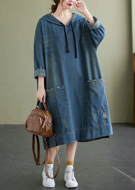 Chic Blue Hooded drawstring denim Dress Spring Ripped Front Denim Skirt