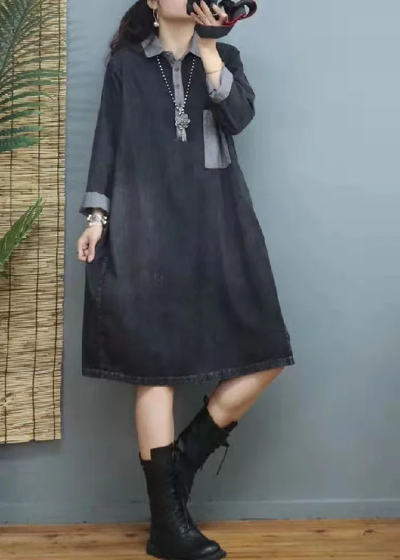 Handmade Blue V Neck Patchwork denim Dresses Winter Flowy Denim Skirt