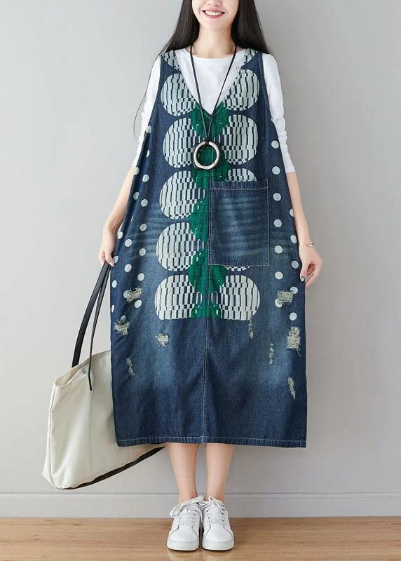 Unique Blue V Neck Pockets Print Hole Fall Denim Dresses Sleeveless Stretch Denim Skirt