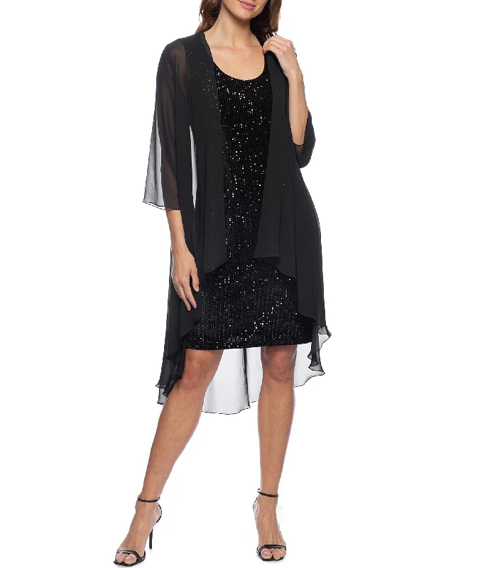 Marina  Short Sleeveless Velvet Sequin Dress Chiffon Jacket Set Party Sequin Dress