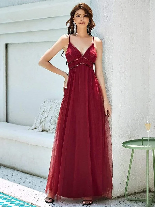 Spaghetti Strap V-Neck Sequin Floor-Length Bridesmaid Dress All-Over Sequin Dress