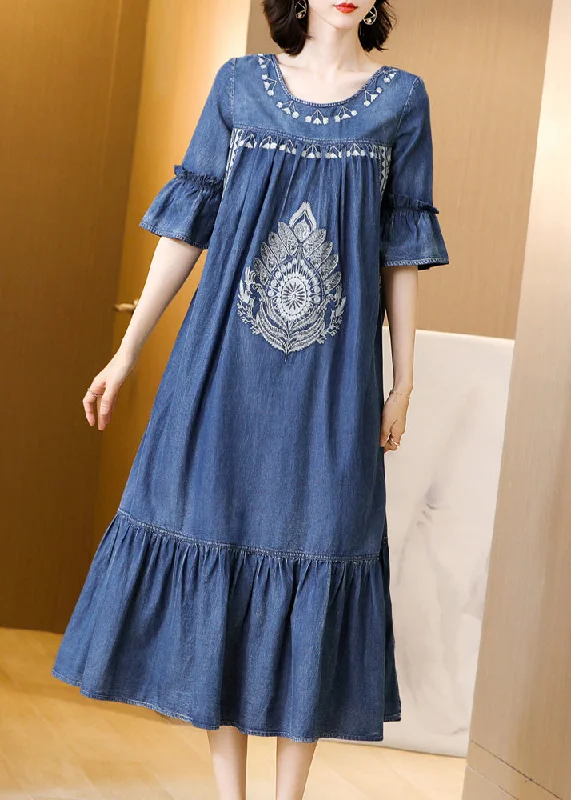 Fitted Blue O-Neck wrinkled Embroideried Cotton Denim Dress Short Sleeve Skater Denim Skirt