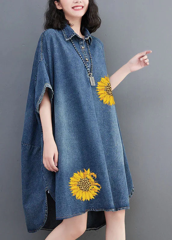 Loose Blue-sunflower Button Side Open Maxi Denim Dress Summer Vintage Denim Skirt