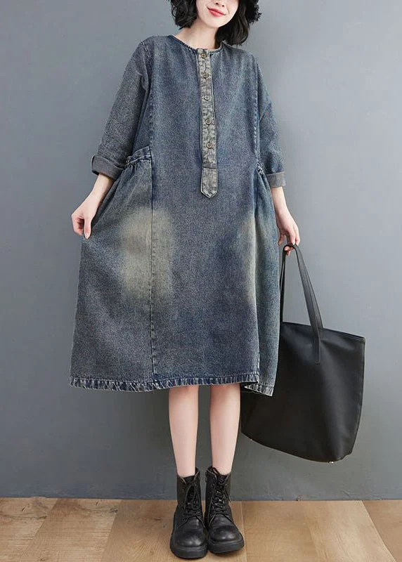 Retro Blue O-Neck Patchwork Button Pockets Cotton Denim Dresses Long Sleeve Cool Denim Skirt