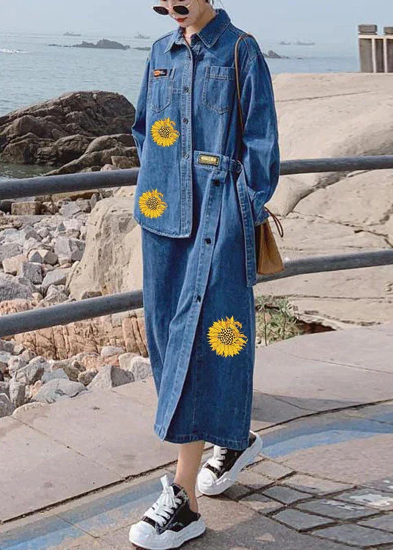 Loose Blue-flower Pockets Button asymmetrical design Fall Denim Long sleeve Long Dress Relaxed Denim Skirt