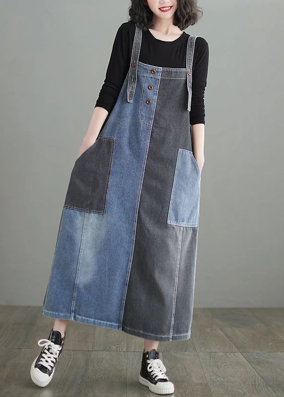 Modern Colorblock Oversized Patchwork Pockets Denim Strap Dress Summer Flared A-line Denim