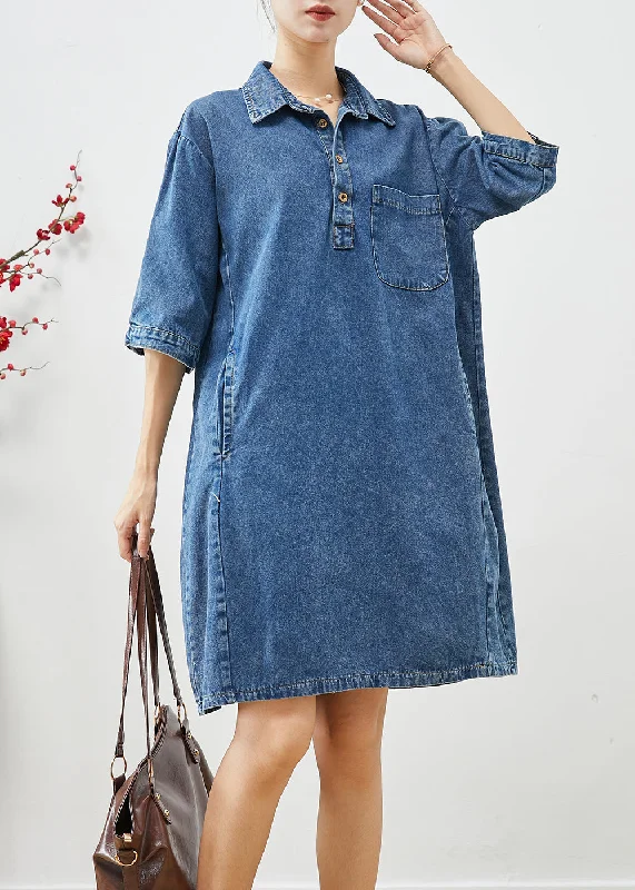 Women Blue Peter Pan Collar Cinched Denim Dress Half Sleeve Denim Skirt Trendy