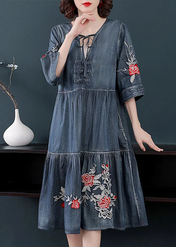 Fashion Blue V Neck Embroideried Cotton Holiday Denim Dress Half Sleeve Distressed Denim Skirt