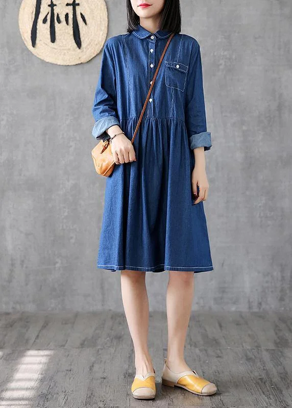 Classy lapel Cinched Cotton quilting clothes Photography denim blue Dress Belted Denim Skirt