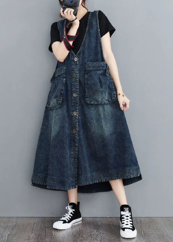 Organic Navy V Neck Pockets Patchwork Denim Sundress Sleeveless Fringe Denim Skirt