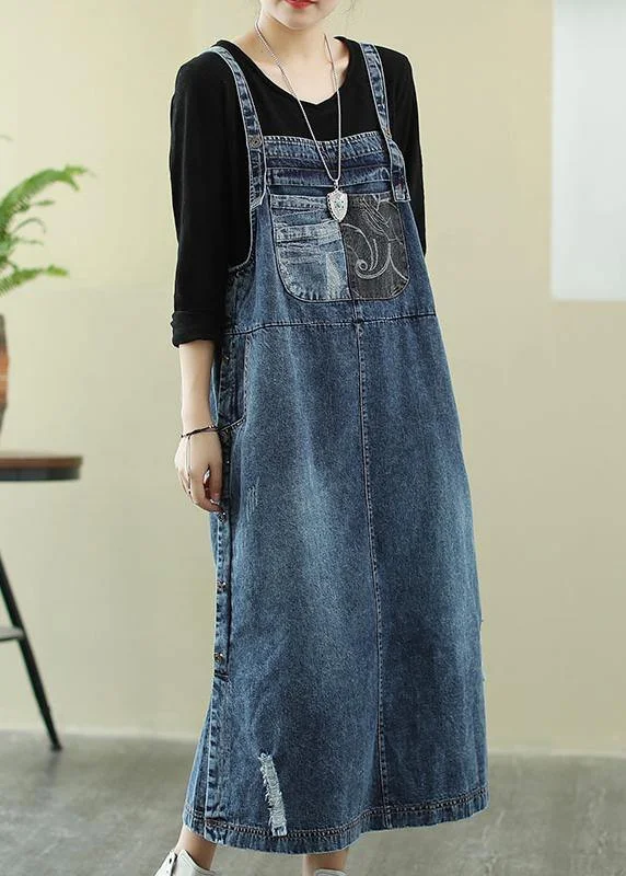 Vivid denim blue tunic dress Slash neck Hole Maxi Dress High Rise Denim Skirt