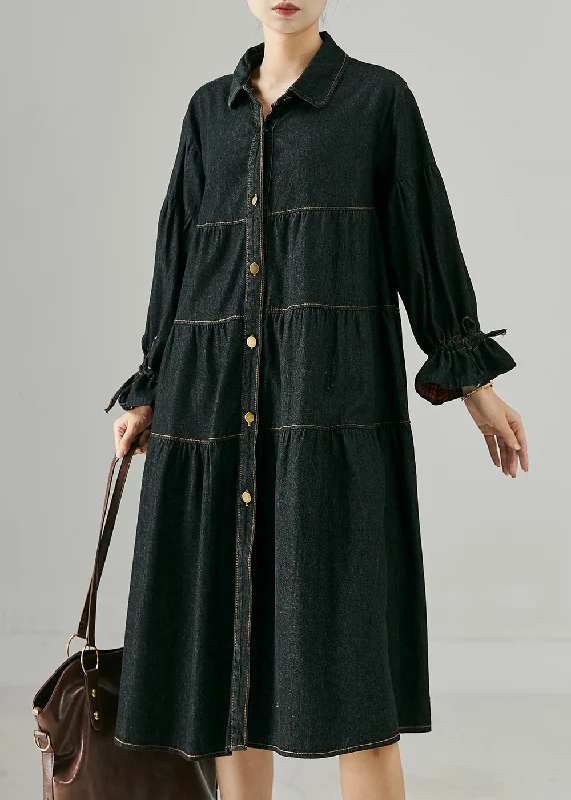 Unique Black Oversized Drawstring Denim Maxi Dresses Spring Denim Skirt Set