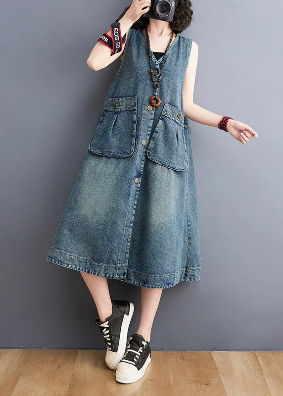 Diy Blue V Neck Pockets Cotton Denim A Line Dresses Sleeveless Raw Hem Denim