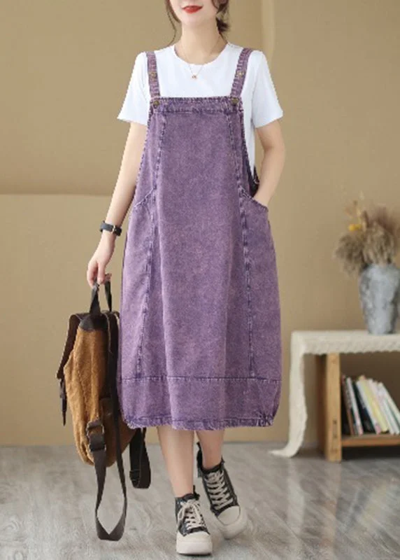 Chic Purple Oversized Patchwork Denim Strap Dress Summer Classic Blue Denim Skirt