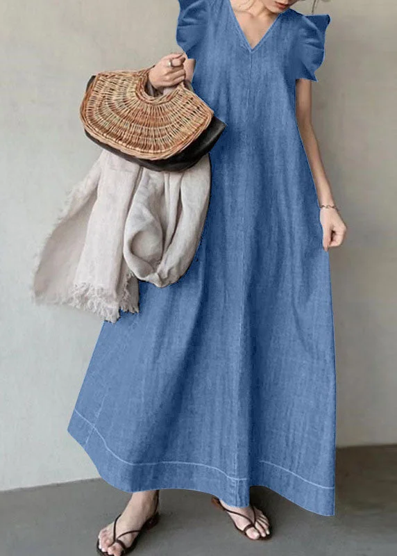 Boho Baby Blue V Neck Ruffled Patchwork Denim Dress Summer Boho Denim Skirt