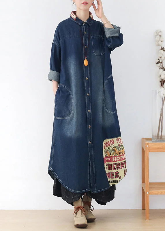 Chic Blue Peter Pan Collar Patchwork Letter Print Button Pockets Cotton Denim Dresses Long Sleeve Soft Denim Skirt