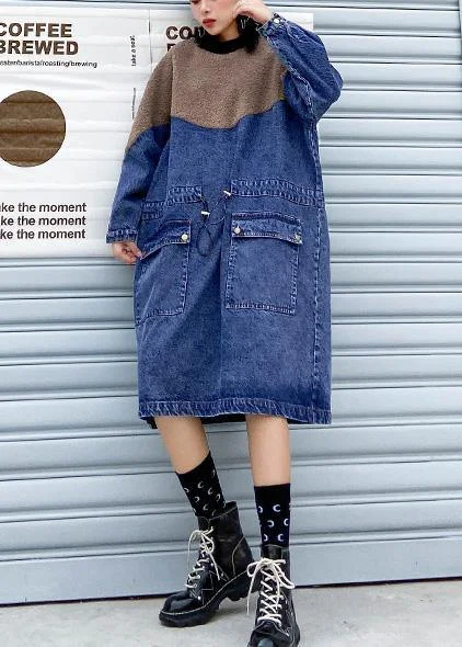 Handmade denim blue cotton quilting dresses drawstring long patchwork Dresses Denim Skirt Look