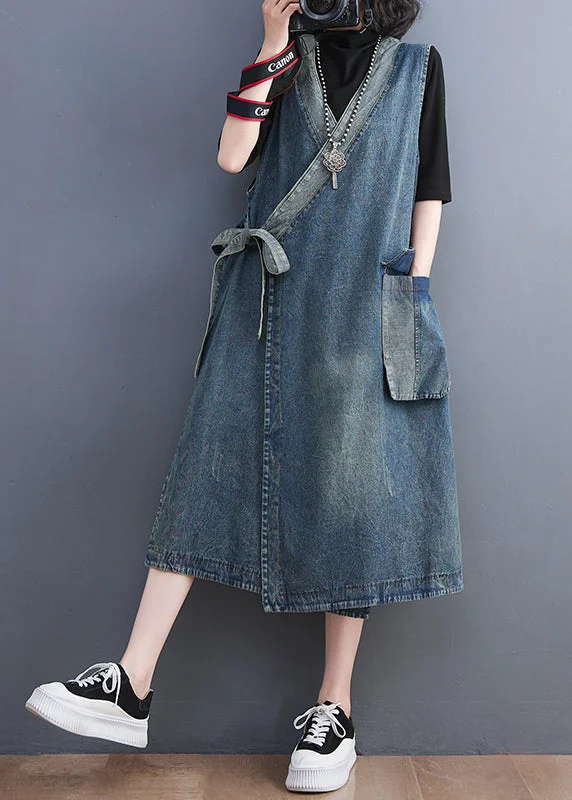 Casual Blue V Neck Asymmetrical Patchwork Tie Waist Denim Long Dresses Sleeveless Denim Skirt Outfit