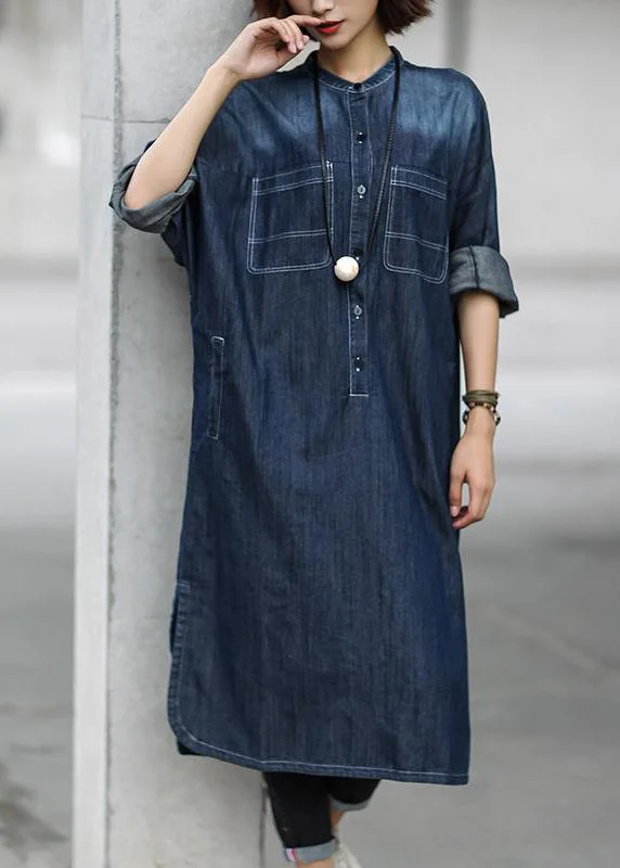 Simple cotton dress Fitted Blue Autumn Casual Cotton Solid Slit Denim Dress Denim Skirt Look