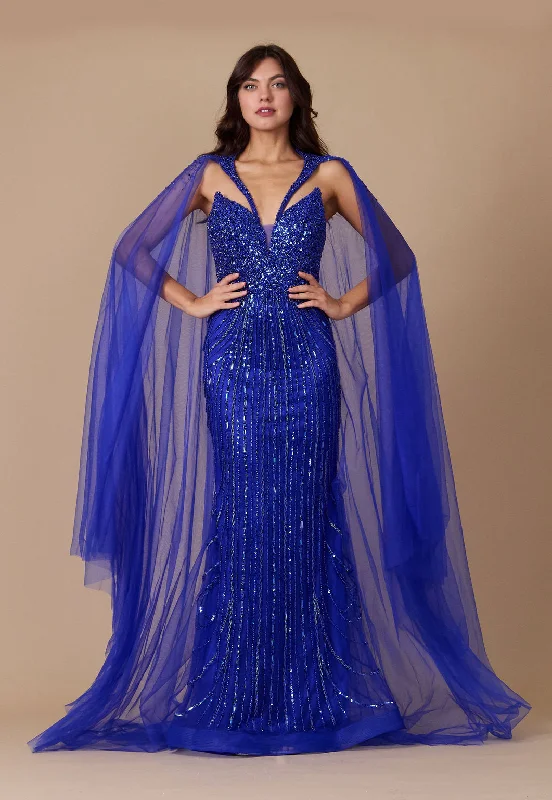 Long Sequin Cape Couture Evening Dress Royal Formal Sequin Gown