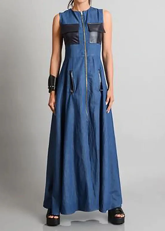 Italian Blue O Neck Zippered Patchwork Denim Maxi Dresses Sleeveless Slim-fit Denim Skirt