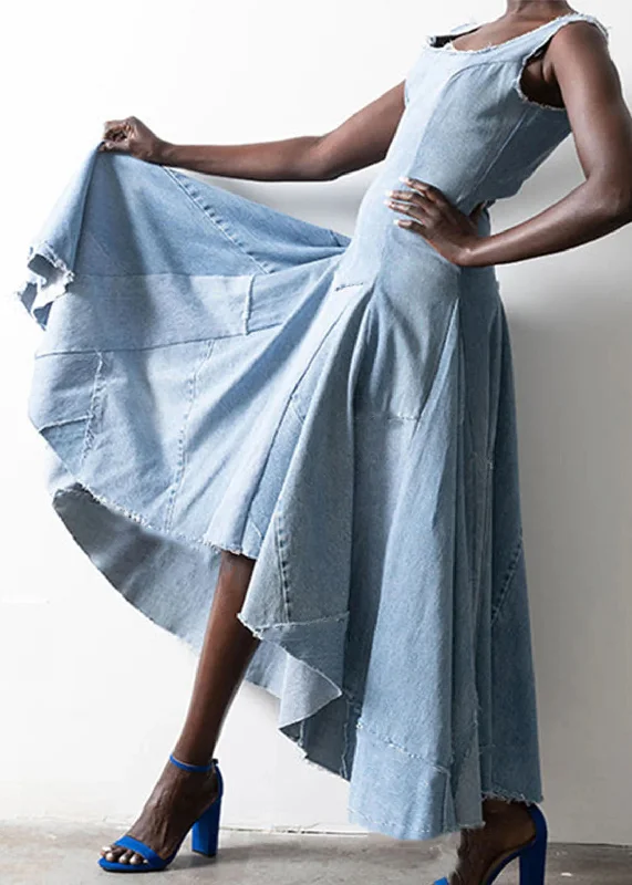 Style Light Blue Asymmetrical Design Patchwork Denim Dress Sleeveless Loose Fit Denim Skirt