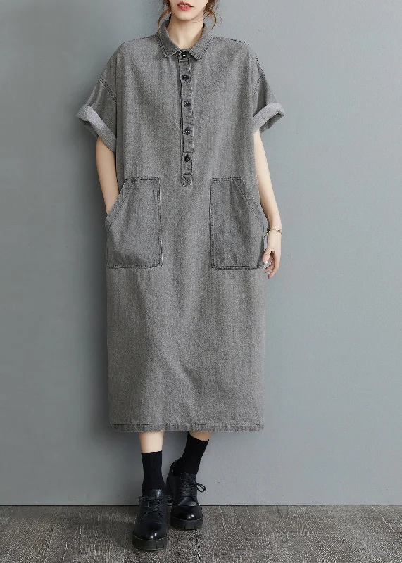 DIY Grey Oversized Pockets Side Open Denim Vacation Dress Summer Classic Blue Denim