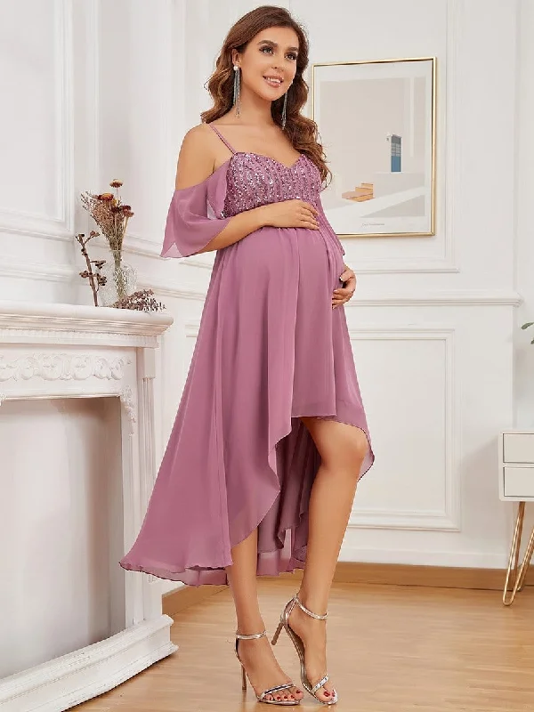 Cold Shoulder Sequin High Low Maternity Dress with Sleeves Sequin Dress Shine